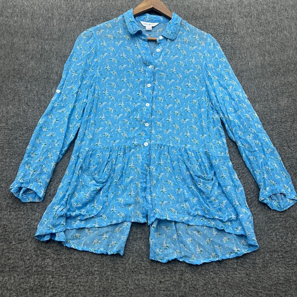 April Cornell Top Medium Blue Floral Button Tunic Cottagecore Prairie Romantic